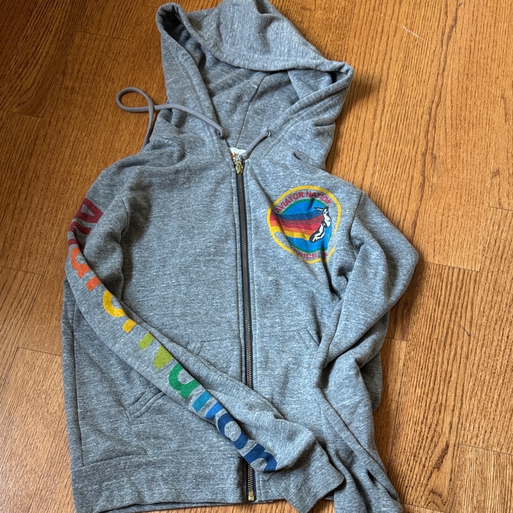 Aviator Nation Gray Hoodie with Rainbow Sleeve and Logo